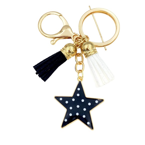 Evenchae Star & Tassels Keychain, Black & White, Purse Jewelry, Gift Bag, 4"L - Picture 1 of 4